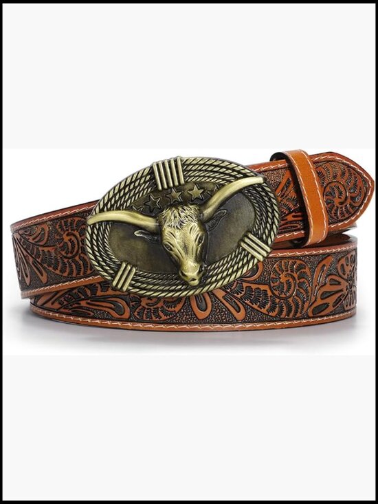 SUOSDEY Western Belt with Longhorn Bull Buckle Floral  Western Leather Belt with Bull Buckle Embossed Floral Rodeo Style